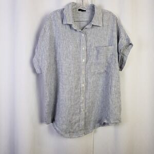 Quince Size L 100% European Linen Camp Short Sleeve Shirt Blue Pinstripe Relaxed